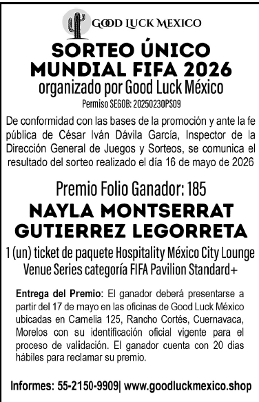 Publicación del ganador del sorteo Good Luck Mexico en El Universal — 17 de mayo de 2026